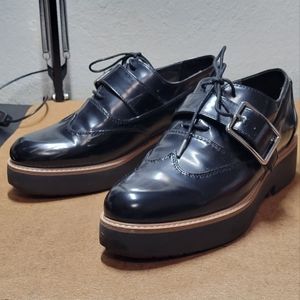 Zara Trafaluc Y2K Black Patent Loafers Shoes US 6 Platform Buckle Trim Platform
